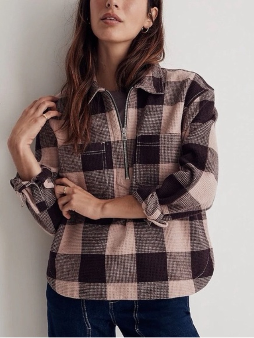 Madewell | Pink and Brown Plaid Half-Zip Shacket Silver Hardware